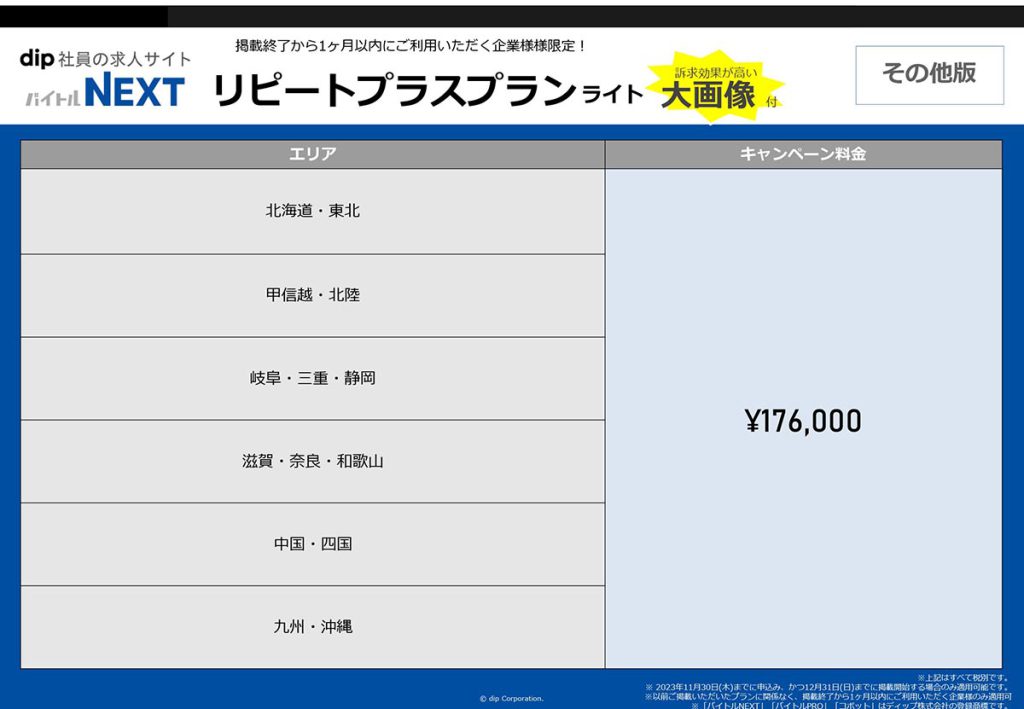 バイトルNEXTリピートプラスプランライト02料金