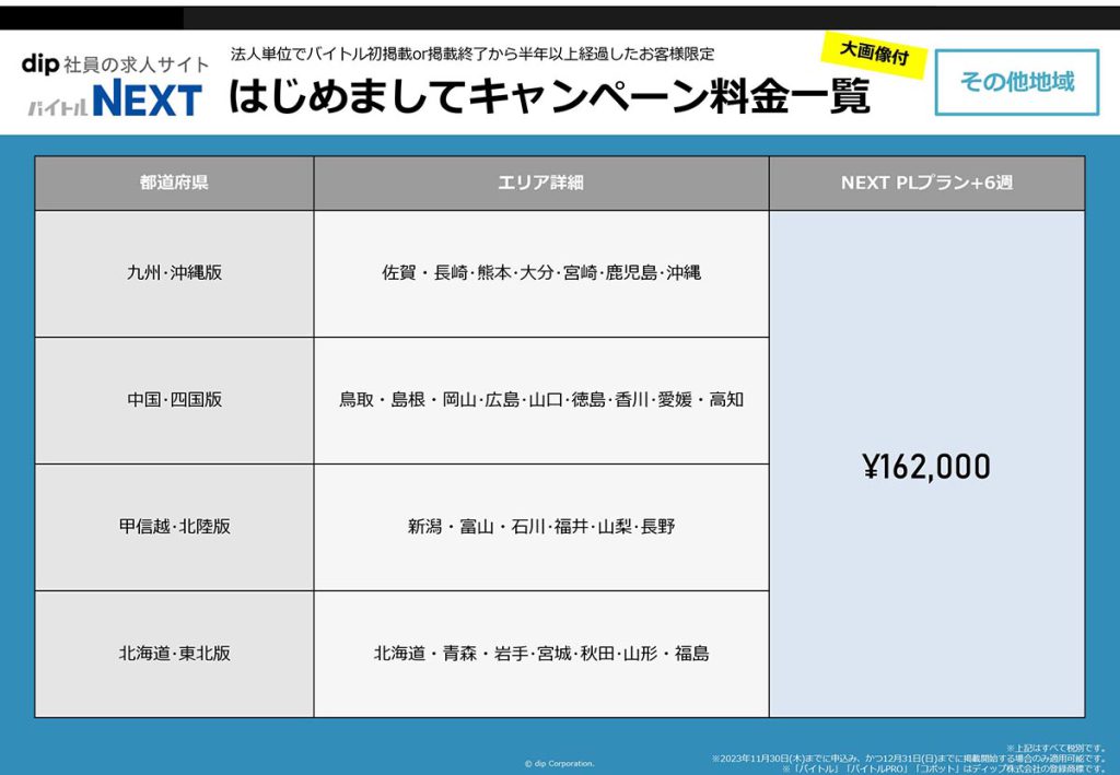 バイトルNEXT初めまして大画像PLプラン6週間02料金